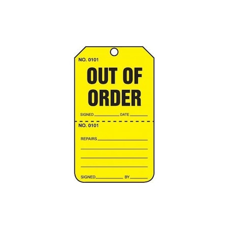 Accuform Safety Tags, OUT OF ORDER, Perforated, 5.75in x 3.25in, PF-Cardstock, 25PK TPP201CTP